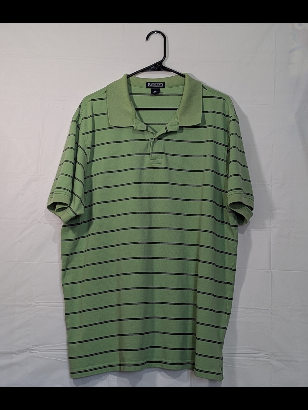 Lands’ End Polo Shirt XXL Green Striped Cotton Short Sleeve Casual Golf Mens 2XL